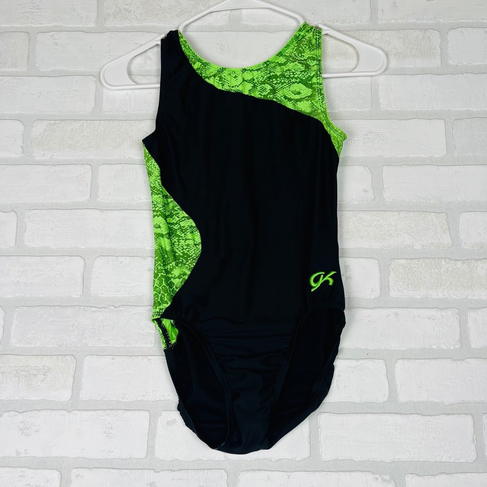 GK Elite Kids Gymnastics Leotard Black Lime Green Snakeskin Print 1991 072 AM